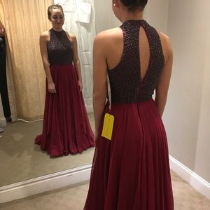 Sherri Hill 50808 flowy ruby gown with beaded bodice. Size 4